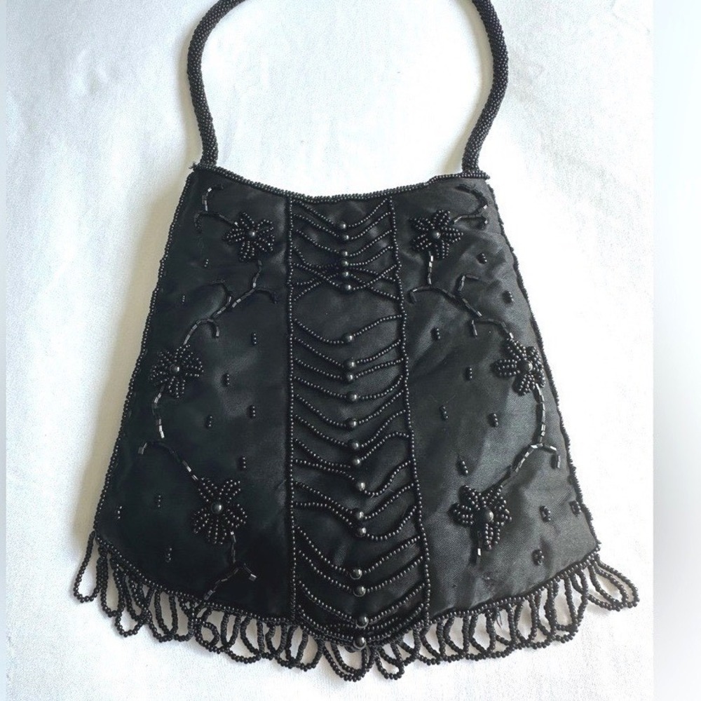 Vintage Black Beaded‎ Evening Bag Floral Fringe Handbag Y2K Formal Purse